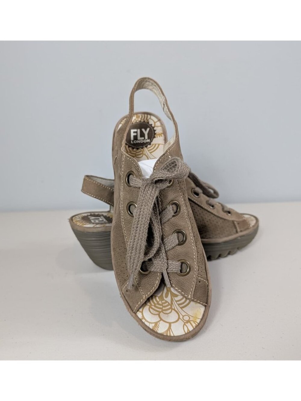 Fly London taupe leather lace up wedge heels women's size US 9.5 EU 40